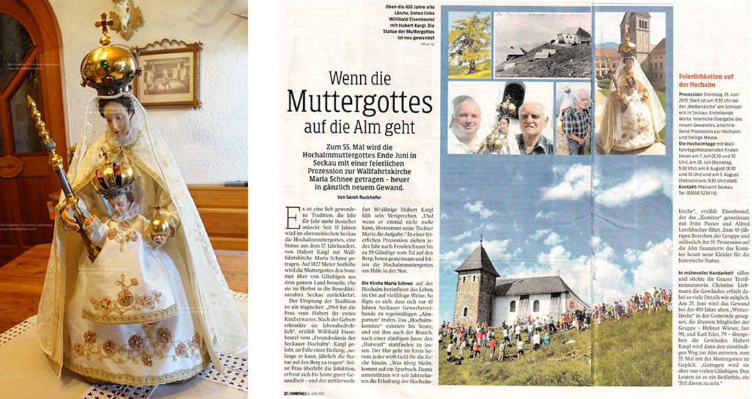 Rekonstruktion der Kleider für die Hochalmmuttergottes von Maria Schnee bei Seckau. Kleine Zeitung vom 16. Juni 2019